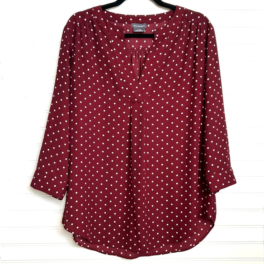 Van Heusen Women’s V-neck Blouse Shirt Top Maroon White Polka Dot Large